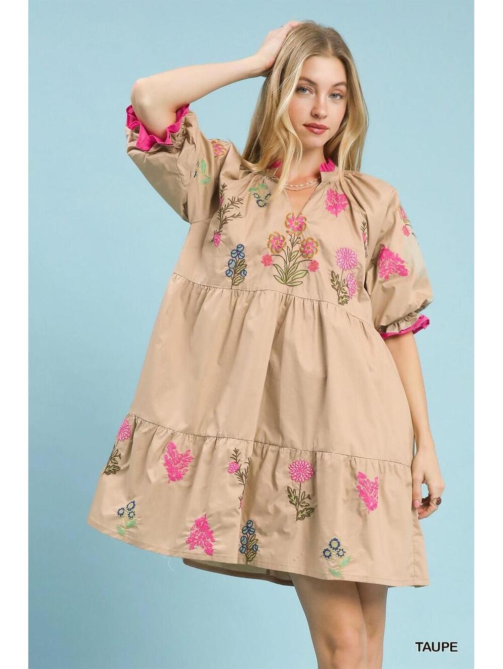 Umgee Embroidered Floral Tiered Dress - Size Small